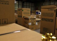 MINOT AIR FORCE BASE, N.D. – A warehouse stores donated appliances in support of 48 families affected by the Minot flood, here Dec. 15. Operation Homefront and the Home Depot Foundation in coordination with Minot AFB’s Operation Warmheart and General Electric distributed 135 appliances to Team Minot Airmen and their families affected by the historic Souris River flood. (U.S. Air Force Photo/Senior Airman Desiree Esposito)