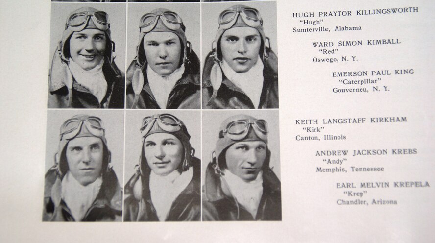 (Top left) In July 1942, Pvt. Hugh Praytor Killingsworth smiles from a page of his Army Air Corps primary flight training squadron’s yearbook. The grass training field was located at Hatbox Field, Muskogee, Okla. (Photo provided)