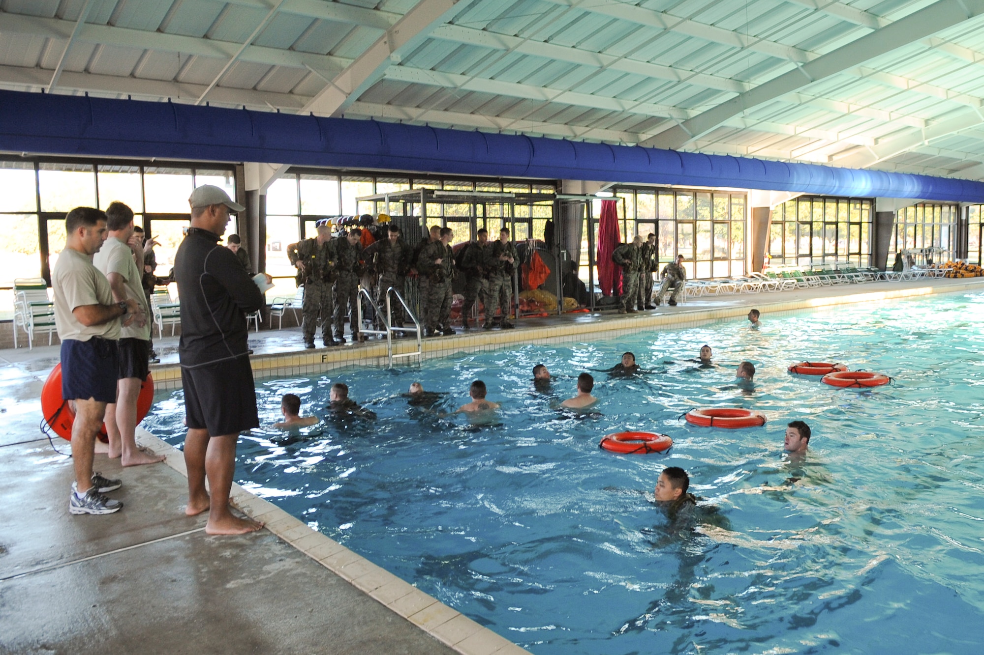 Students in the air liaison officer assessment course partake in water confidence training at Moody Air Force Base, Ga., Dec. 14, 2011. During the week-long assessment, members are tested on their ability to handle situations under pressure, their leadership skills and how well they work with others. (U.S. Air Force photo by Airman 1st Class Olivia Dominique/Released)