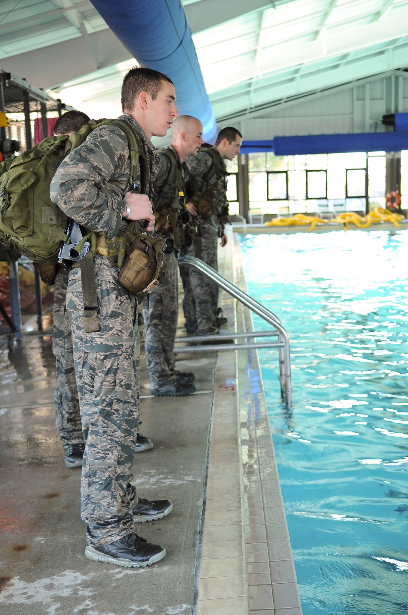 Students in the air liaison officer assessment course participate in water confidence training at Moody Air Force Base, Ga., Dec. 14, 2011. Throughout the assessment, the students were given multiple tasks to accomplish while keeping calm under stressful situations. (U.S. Air Force photo by Airman 1st Class Olivia Dominique/Released)