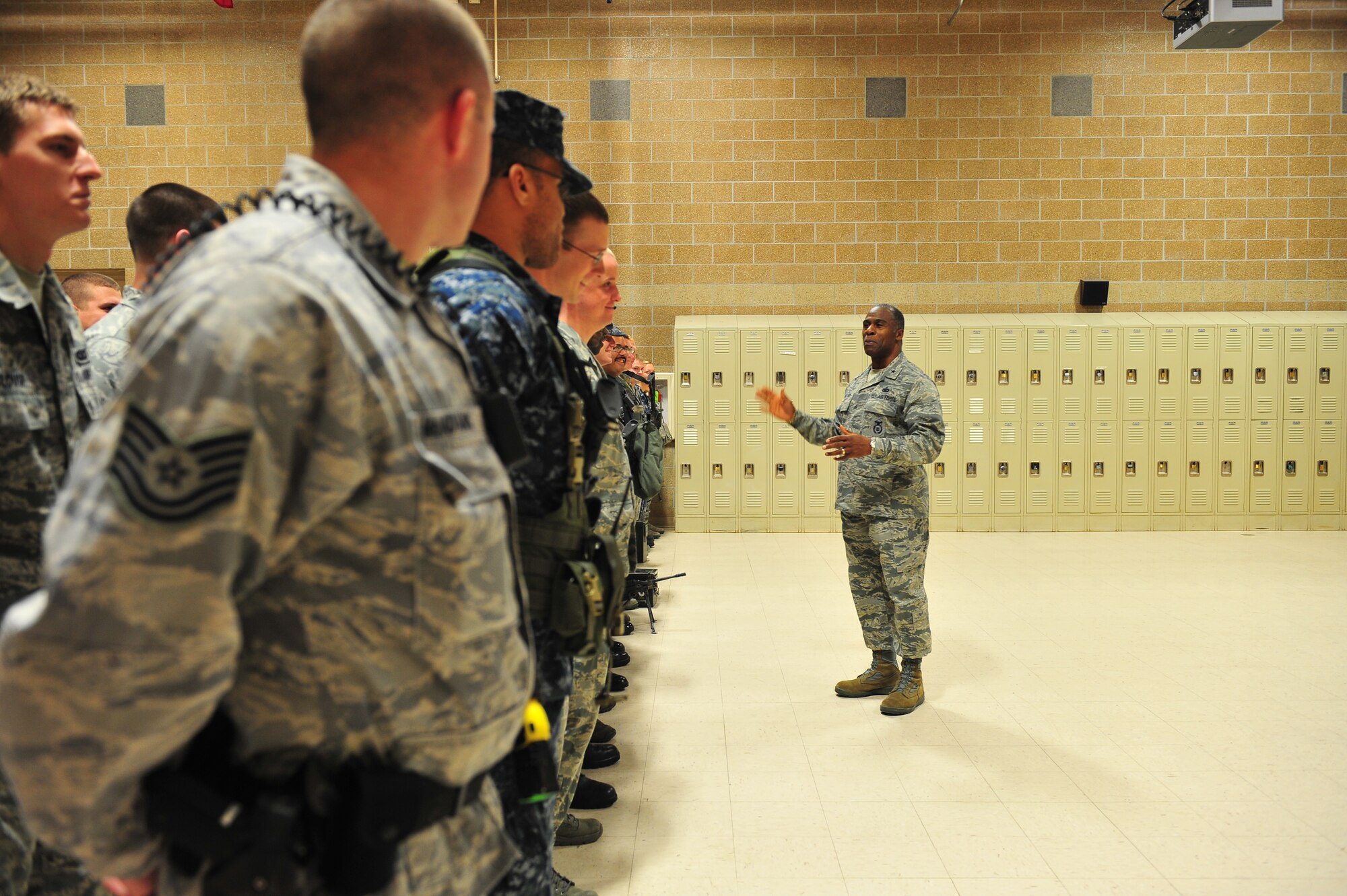U.S. Air Force Brig. Gen. Jimmy McMillian, Air Force director of Security Forces, speaks with a flight of 55th Security Forces personnel during a briefing held at the 55th Security Forces Squadron bldg. on Offutt Air Force Base Neb., Dec. 07. McMillian leads more than 30,000 active-duty and reserve worldwide. 