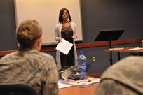 Shalondra Smith, Air Force Personnel Center, presents a speech during the Joint Base San Antonio public speaking class Dec. 9. To sign up for the class, call 652-2525. (U.S. Air Force photo by Airman 1st Class Alexis Siekert)