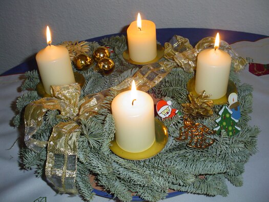 SPANGDAHLEM AIR BASE, Germany -- The Advent wreath, a popular holiday symbol in Germany, is lit to signify the holidays. The wreath is made of branches with four candles, one of which is lighted on each Advent Sunday until all four are burning together. The fourth candle will be lit Dec. 18. (U.S. Air force photo/Iris Reiff)