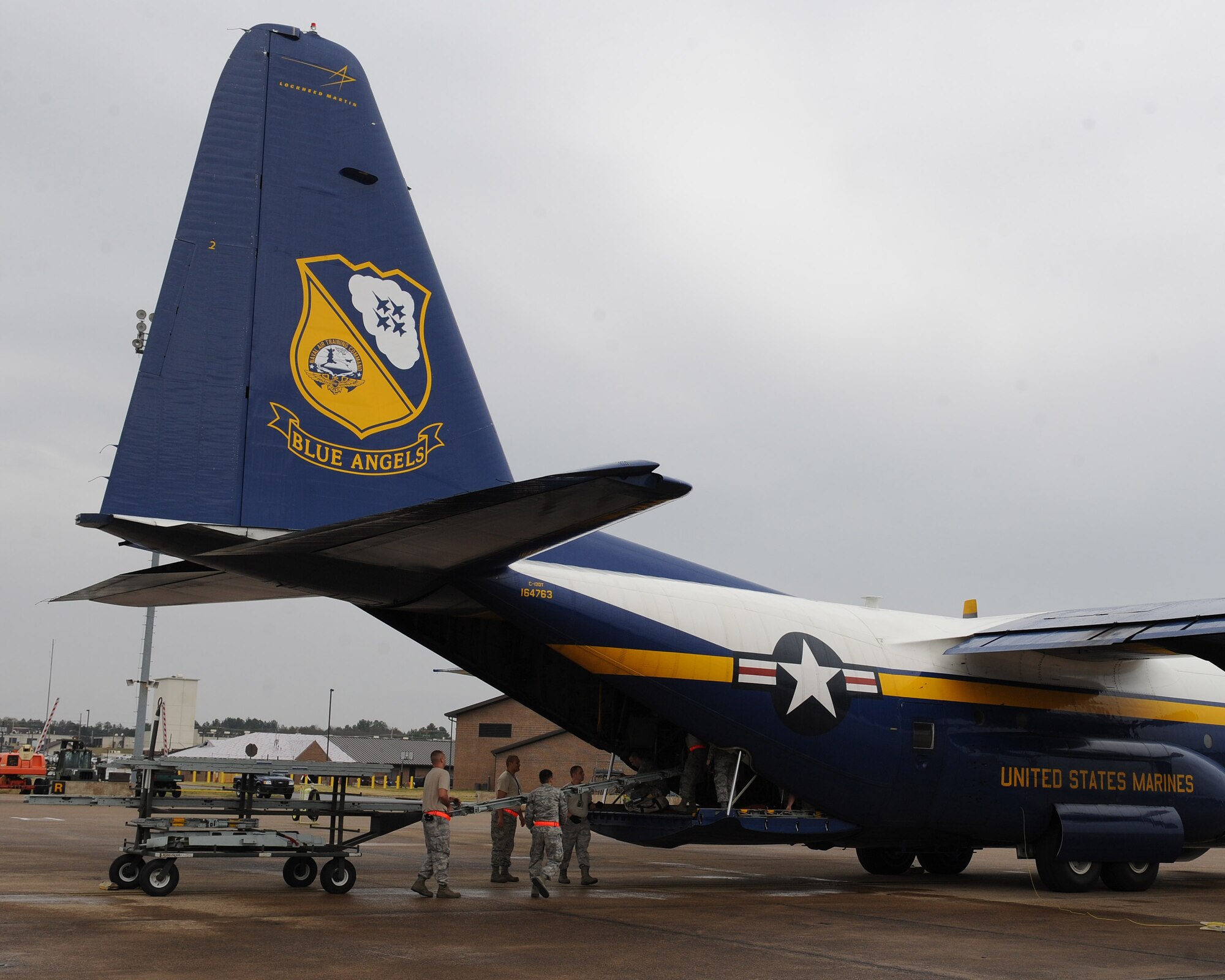 Airmen from the 314th Aircraft Maintenance Squadron remove a dual rail from the Blue Angels C-130T Hercules nicknamed “Fat Albert” Dec. 16, 2011, at Little Rock Air Force Base, Ark. The 314th duel rail shop has worked on “Fat Albert” for over 10 years preparing the aircraft for the team’s demonstration season.   The Blue Angels will headline the open house and air show at Little Rock AFB scheduled for Sept.  8 and 9. (U.S. Air Force photo by Tech. Sgt. Chad Chisholm)