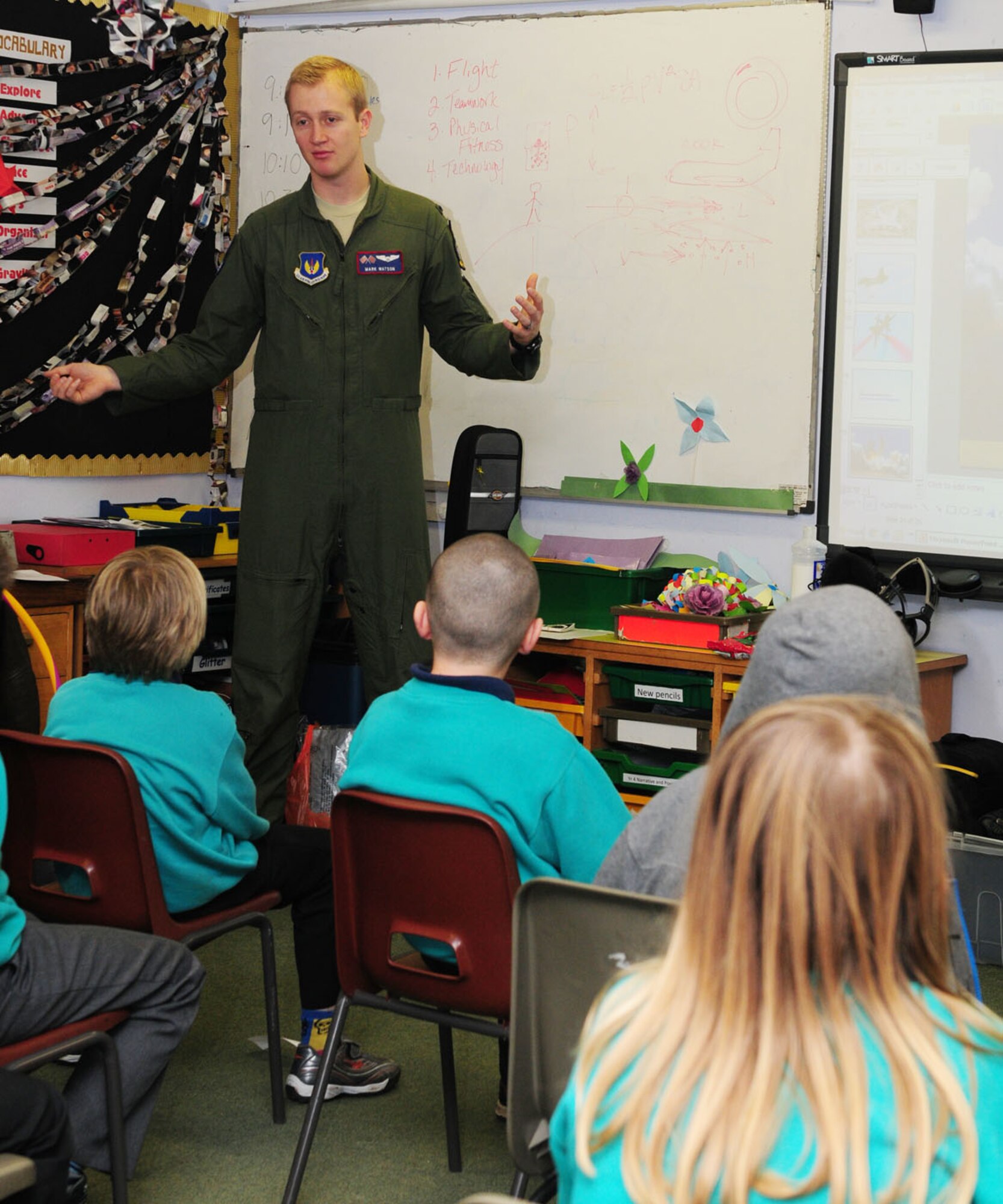 MILDENHALL, England – 1st Lt. Mark Watson, 351st Air Refueling Squadron pilot, talks to children in Willow class at Great Heath Primary School, Mildenhall, about the history of aviation Dec. 6, 2011. The children had been celebrating Space Week, and Watson visited the school in the role of “space camp leader” to teach the children about a variety of topics including how gravity affects flight, and technology used by pilots and astronauts. The children also had the opportunity to try some experiments and work in teams. (U.S. Air Force photo/Karen Abeyasekere)