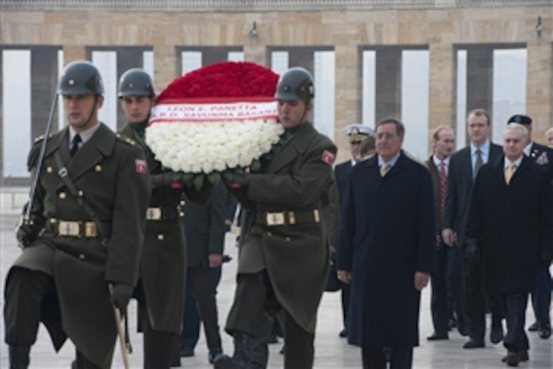 Secretary of Defense Leon E. Panetta participates in a wreath laying ceremony at the Anitkabir Ataturk Mausoleum in Ankara, Turkey, on Dec. 16, 2011.  