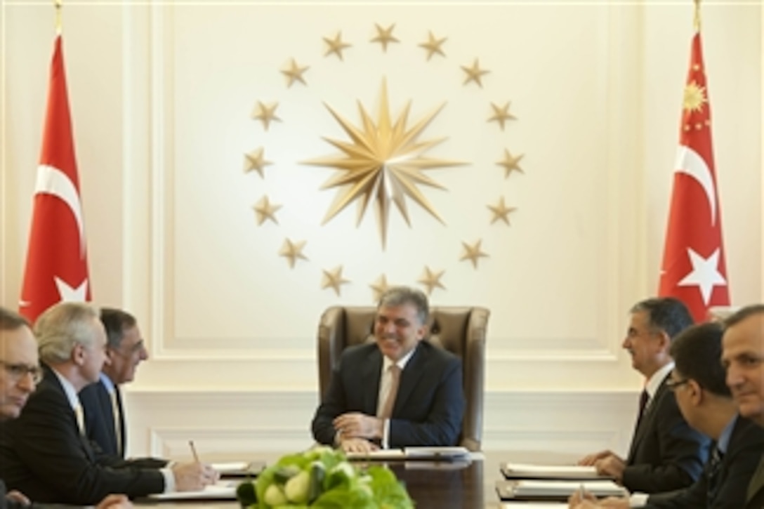 Secretary of Defense Leon E. Panetta meets with Turkish President Abdullah Gul and Minister of Defense Ismet Yilmaz in Ankara, Turkey, on Dec. 16, 2011.  