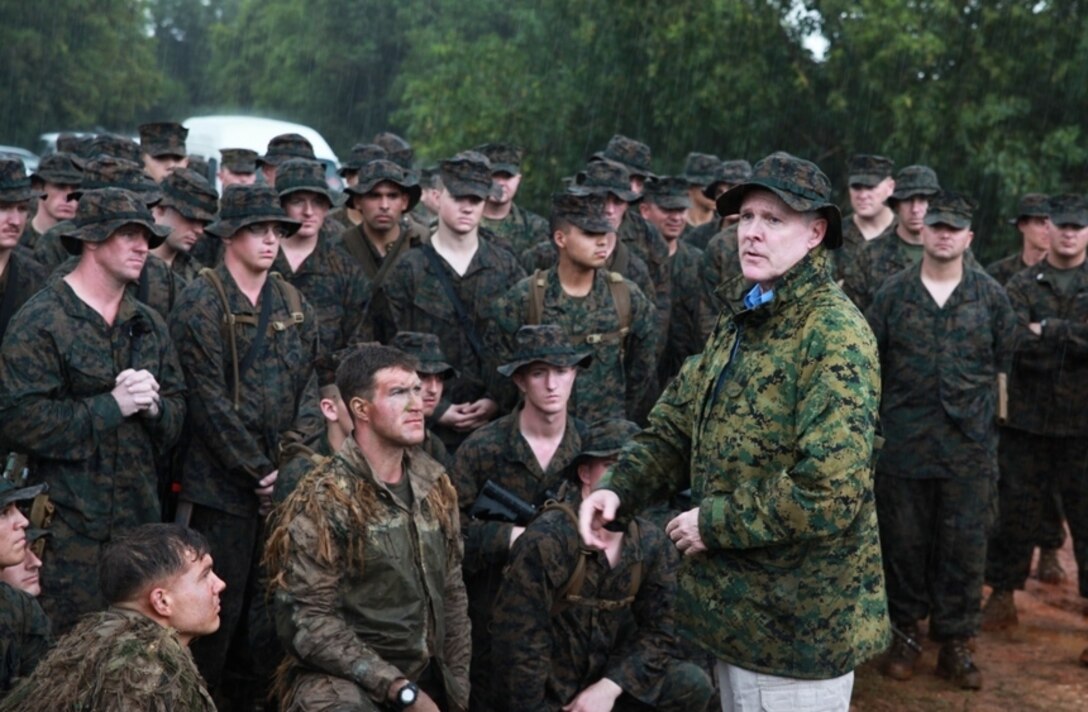 Secretary of the Navy Ray Mabus speaks to Marines and sailors serving with the 11th Marine Expeditionary Unit during Exercise Kilat Eagle, a bilateral training exercise between Marines and sailors of the 11th Marine Expeditionary Unit and soldiers from the Malaysian Army here Dec. 16. The Camp Pendleton, Calif., based 11th Marine Expeditionary Unit deployed from San Diego Nov. 14 aboard USS Makin Island, USS New Orleans and USS Pearl Harbor and arrived in Malaysia Dec. 14 as part of a regularly scheduled deployment to the Western Pacific and Middle East regions.
