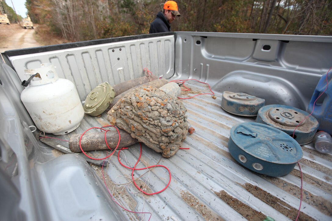 Mock improvised explosive devices were collected by Marine with Company E, 4th Tank Battalion, 4th Marine Division during their route clearance mobile training aboard Marine Corps Base Camp Lejeune, recently. The Marines learned about the different types of IEDs they could encounter while deployed, and how to detect and remove them with the vehicles and devices implemented in a route clearance.