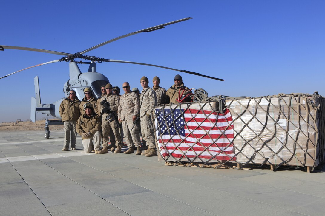 A detachment of Marines from Marine Unmanned Aerial Vehicle Squadron 1 in Afghanistan completed their first unmanned aerial system cargo delivery in a combat zone, Dec. 17. The unmanned helicopter moved about 3,500 pounds of food and supplies from Camp Dwyer to troops at Combat Outpost Payne. The helicopter, an unmanned variant of the K-MAX, completed the delivery in about an hour and a half.
