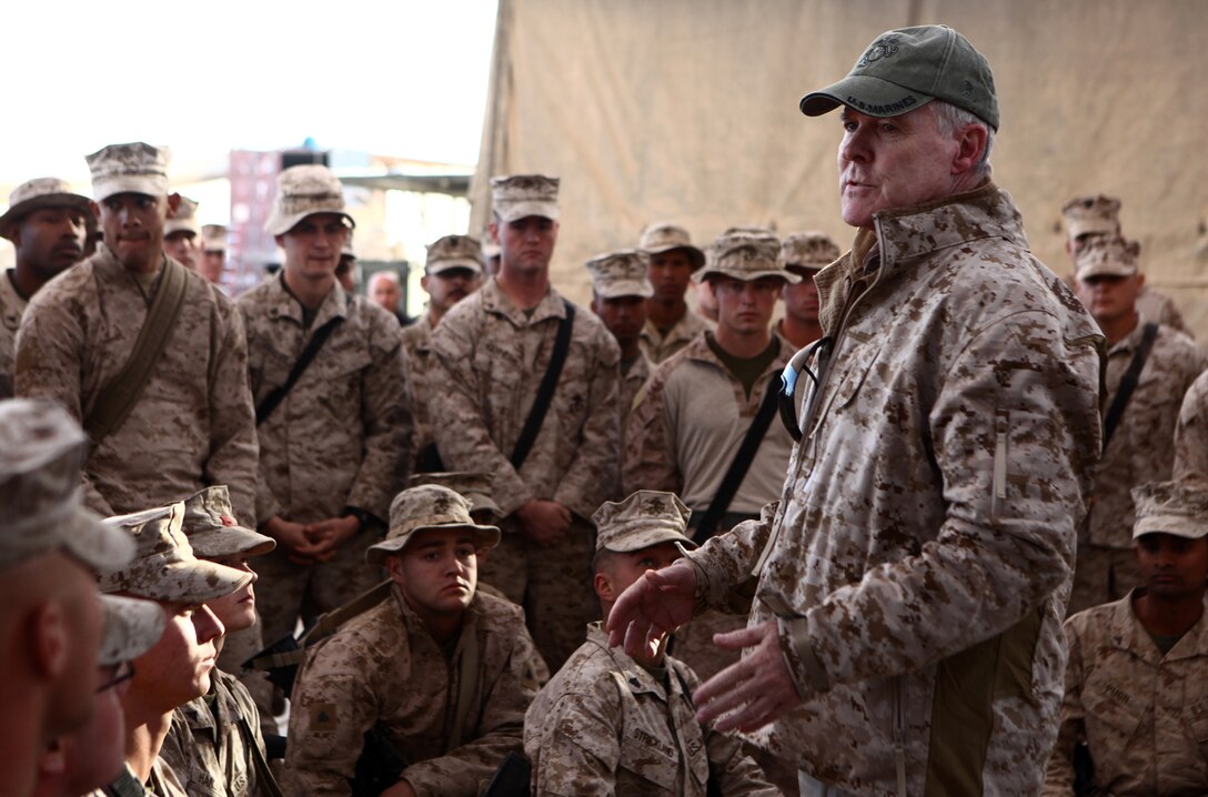 Secretary of the Navy Ray Mabus speaks with Marines and Sailors of the 2nd Marine Logistics Group (Forward) aboard Forward Operating Base Nolay, Dec. 18. Mabus traveled to Afghanistan this week to visit with Marines and Sailors of Operation Enduring Freedom. (U.S. Marine Corps Photo by Cpl. Michael Augusto)