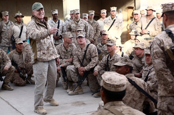 Secretary of the Navy Ray Mabus answers questions from the Marines and Sailors of the 2nd Marine Logistics Group (Forward) aboard Forward Operating Base Nolay, Dec. 18. While there, he awarded two Marines with the Navy and Marine Corps Achievement Medal and congratulated them on a job well-done. (U.S. Marine Corps Photo by Cpl. Michael Augusto)
