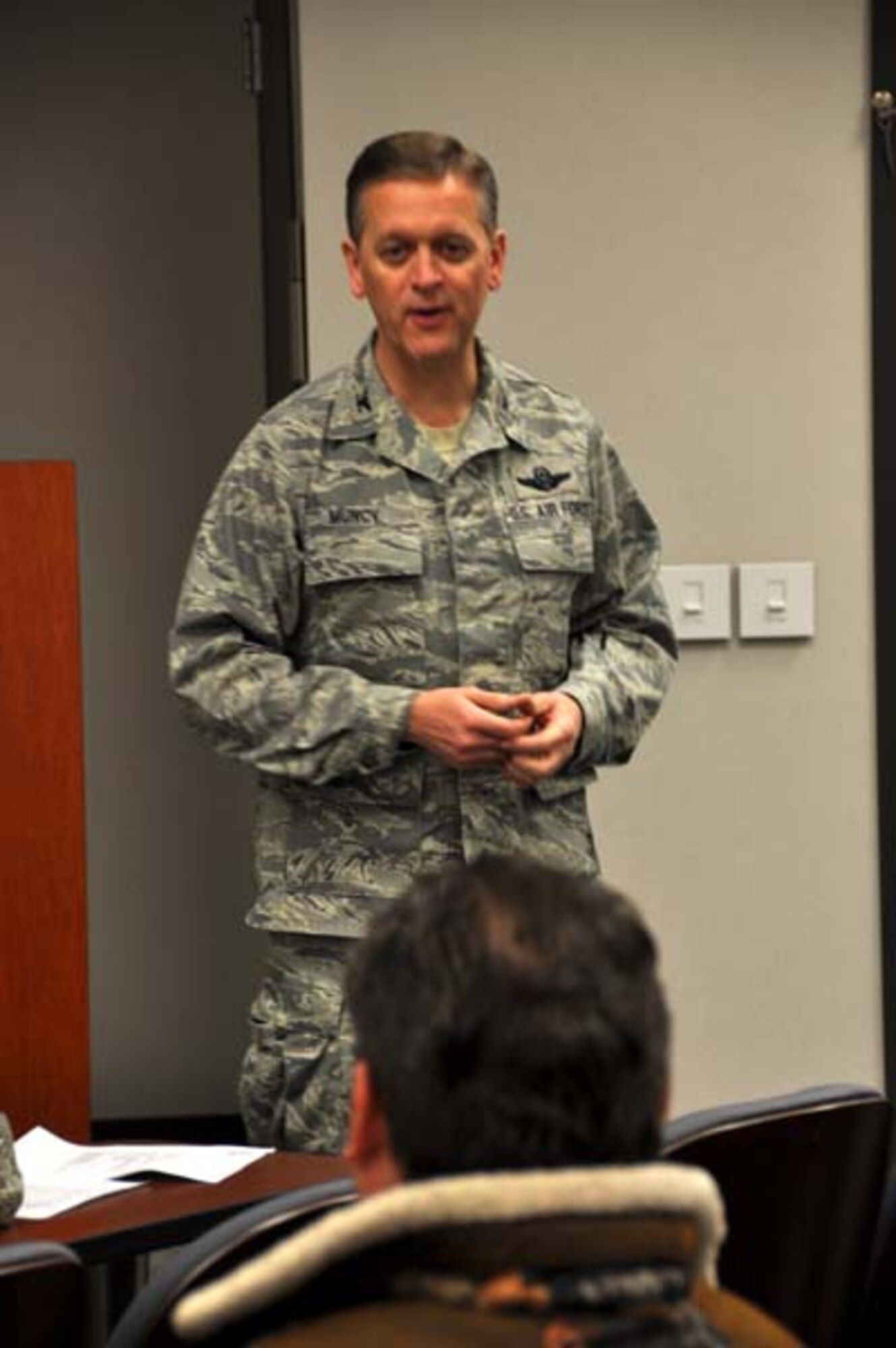 Col. Russell A. Muncy, commander of the 507th Air Refueling Wing welcomes community leaders and business professionals from across Oklahoma who was invited to participate in the ESGR Bosslift held Dec. 8, 2011 here at Tinker A.F.B., OK. Bosslifts allow employers and supervisors access to military training sites where they observe Reserve and National Guard members on duty.  This experience provides employers a better understanding of what Reservists and Guardsmen do when they are away from their civilian occupation for duty with their military units. 