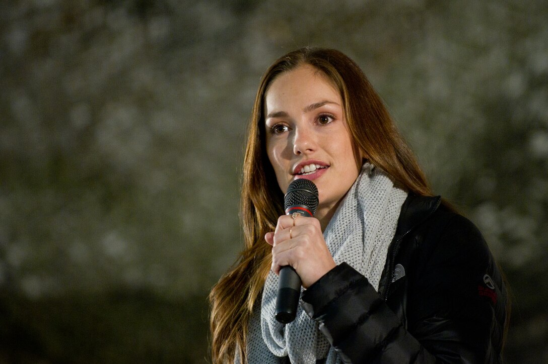 Minka Kelly thanks troops for their service during the USO's holiday tour show in Bagram, Afghanistan, Dec. 16,  2011. 