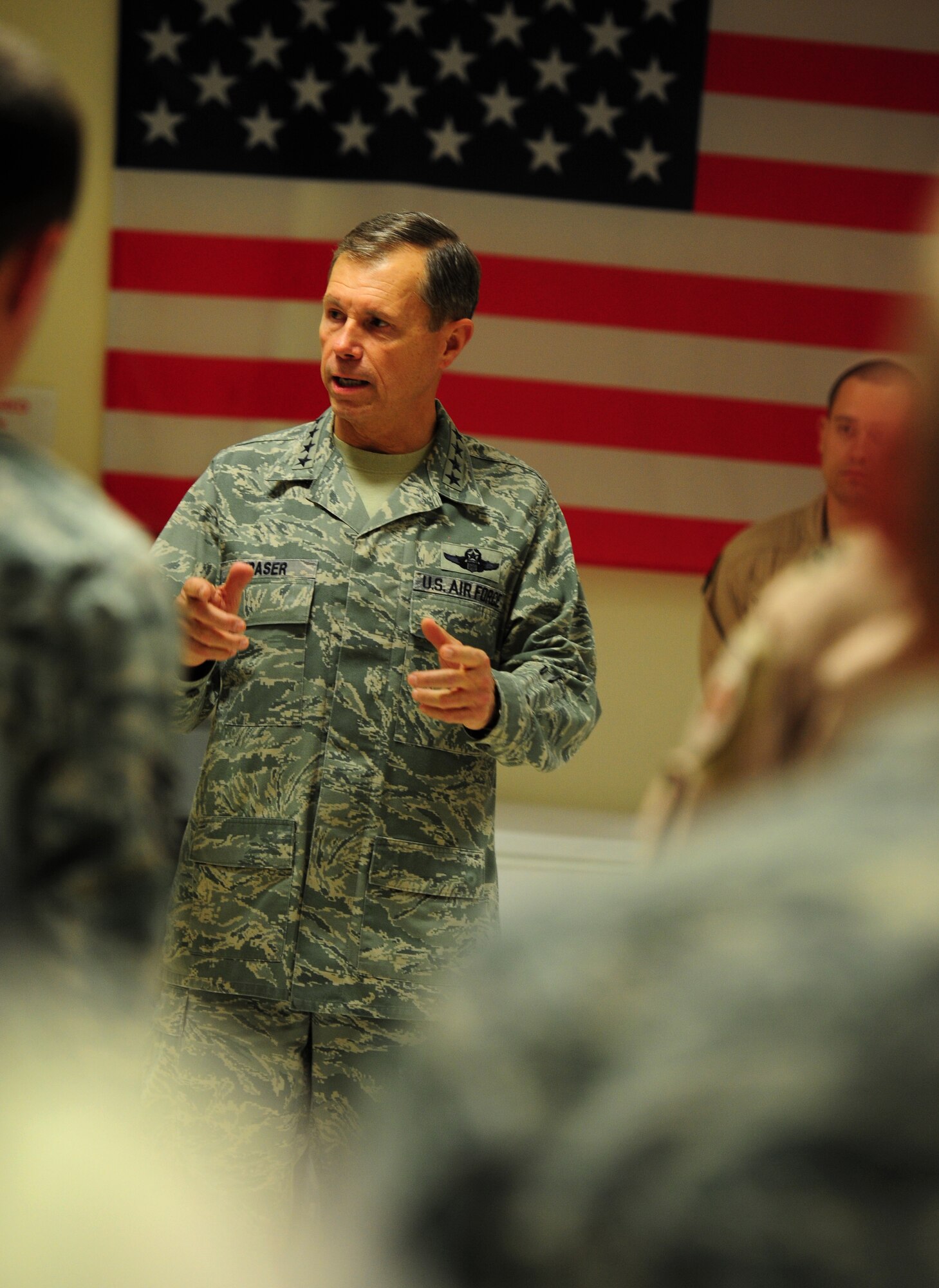 SOUTHWEST ASIA – U.S. Air Force Gen. William M. Fraser III, U.S. Transportation Command commander, speaks to Airmen from the 816th Expeditionary Airlift Squadron during his visit to an undisclosed location in Southwest Asia Dec. 16. Fraser visited with Airmen and expressed his thanks for their service during the holiday season during his first visit to the 379th Air Expeditionary Wing since he became USTRANSCOM commander in October. (U.S. Air Force photo/Staff Sgt. Nathanael Callon)