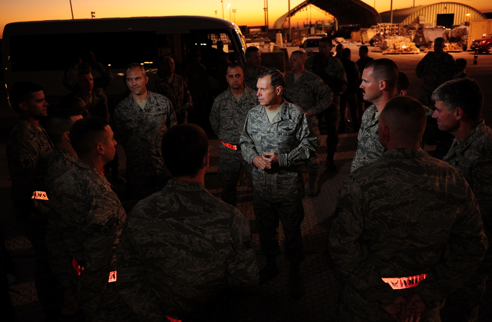 SOUTHWEST ASIA – U.S. Air Force Gen. William M. Fraser III, U.S. Transportation Command commander, speaks with Airmen from the 8th Expeditionary Air Mobility Squadron during a visit to an undisclosed location in Southwest Asia Dec. 16. USTRANSCOM is the single manager for global air, land and sea transportation for the Department of Defense. (U.S. Air Force photo/Staff Sgt. Nathanael Callon)