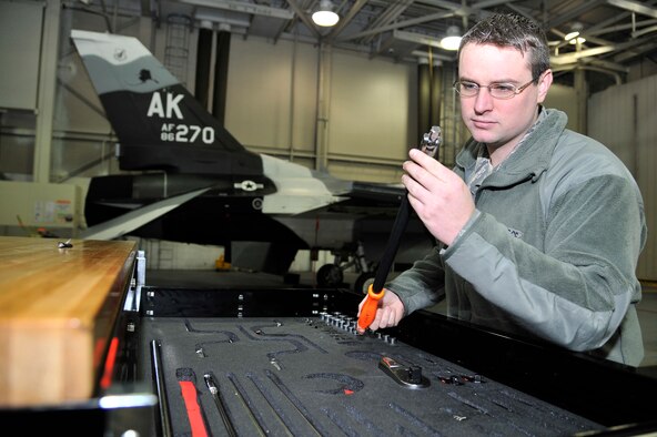 U.S. Air Force Tech. Sgt. Sterling Rosenau performs a 90-day inspection on a tool box Dec. 19, 2011, Eielson Air Force Base, Alaska. The inspection ensures tools are in good working condition and do not need replacement. Rosenau is the support section chief assigned to the 354th Aircraft Maintenance Squadron. (U.S. Air Force photo by Staff Sgt. Christopher Boitz/Released)