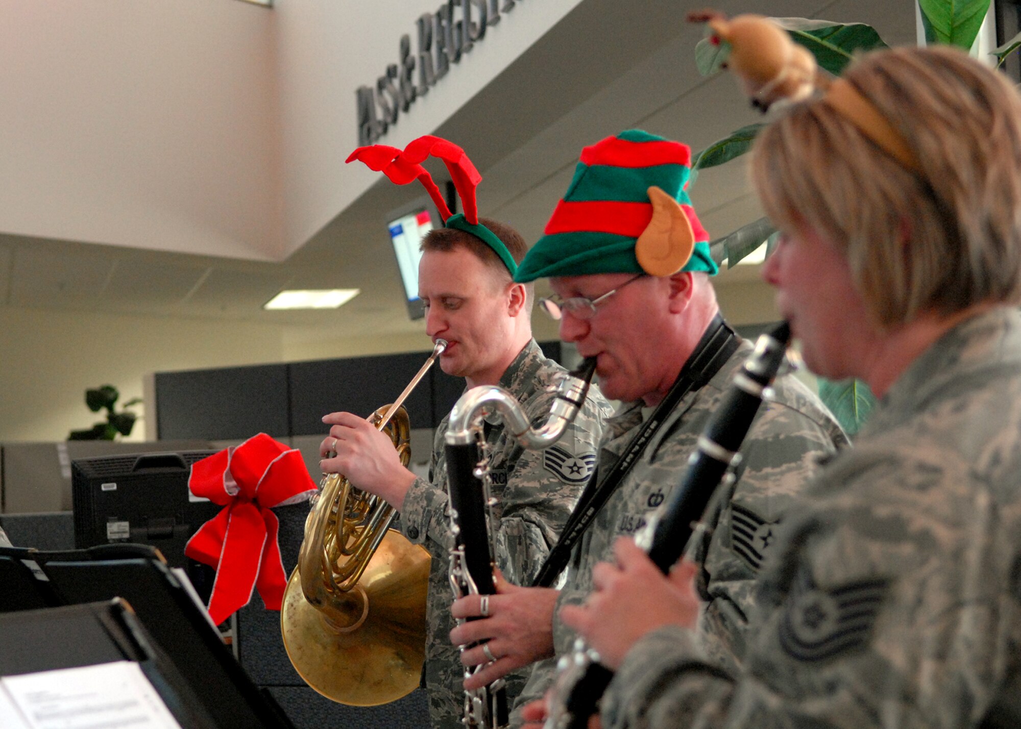 The Golden West Winds take their talent to Bldg. 3000 to evoke Team Edwards’ holiday spirit, Dec.14. (U.S. Air Force photo by Kate Blais)