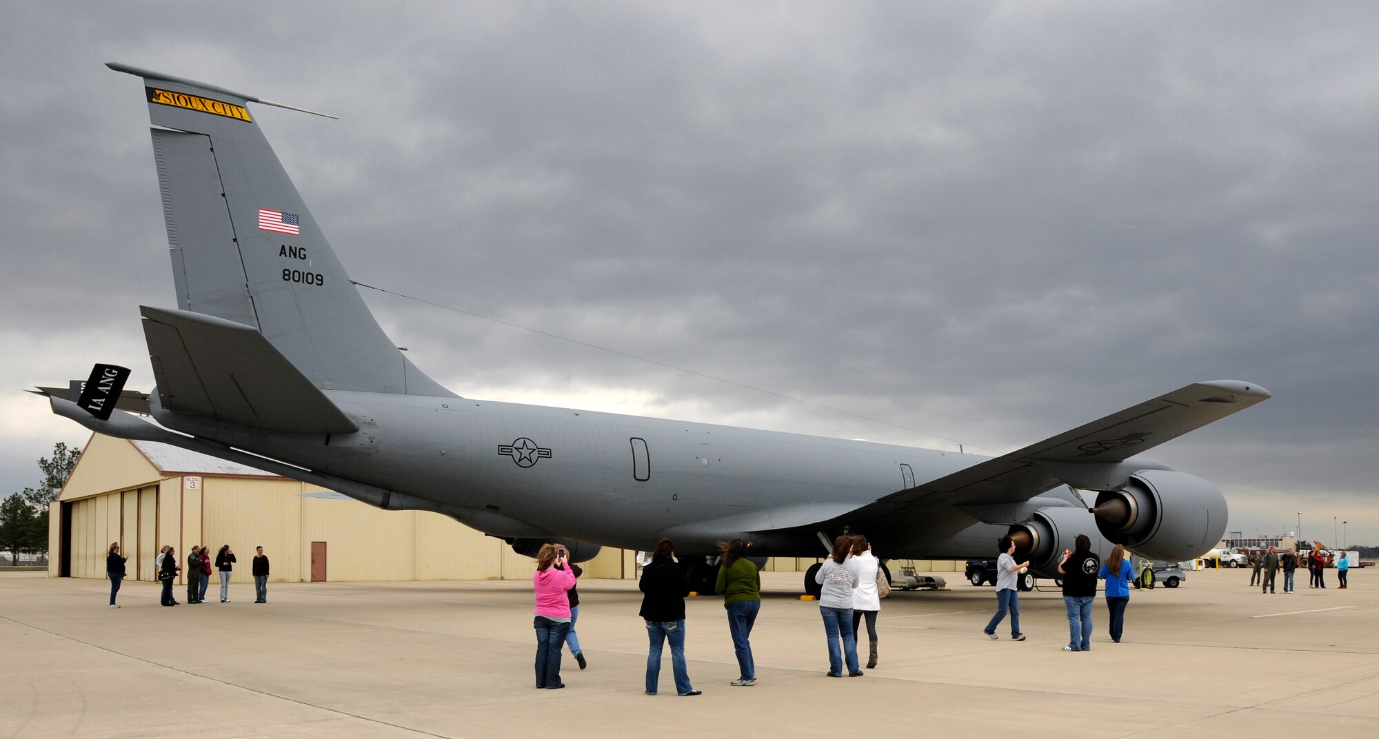 The 188th Fighter Wing, Arkansas Air National Guard conducted spouse orientation rides on a KC-135R Stratotanker with the 185th Airlift Wing, Iowa Air National Guard Dec. 2-3, 2011, in Fort Smith, Ark. Spouses of 188th members were able to observe the Flying Razorbacks’ A-10C Thunderbolt II “Warthogs” conduct aerial refueling from the KC-135R's boom operation area during the flight. The flight was part of an open house in which 188th family members were afforded the opportunity to fly an A-10 simulator as well as observe A-10 training exercises at the 188th’s Detachment 1 Razorback Range located at Fort Chaffee Maneuver Training Center, Ark. The objective of the program was to showcase the 188th’s mission to family members. (U.S. Air Force photo by Airman 1st Class Hannah Landeros/188th Fighter Wing Public Affairs) 