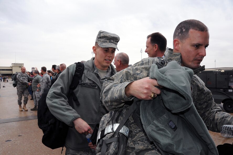 Approximately 30 reservists from the 442nd Fighter Wing departed Whiteman Air Force Base, Mo., and headed for Afghanistan, Dec. 19. Made up of mostly maintainers and pilots, the group is scheduled to return around April 2012. The 442nd FW is an A-10 Thunderbolt II Air Force Reserve unit at Whiteman Air Force Base, Mo. (U.S. Air Force photo/Staff Sgt. Danielle Wolf)