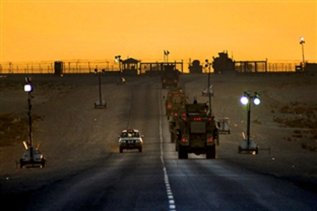 The last U.S.military forces drive across the Iraqi border Dec. 18, 2011, following the Iraqi and U.S. security agreement requiring all U.S. service members to depart the country by Dec. 31, 2011. Since 2003, more than 1 million airmen, soldiers, sailors and Marines have served in Iraq.