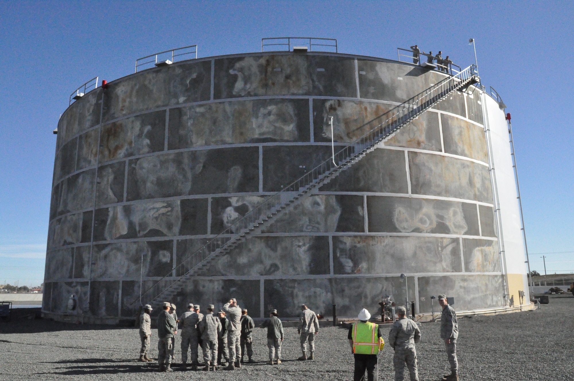 One of three new fuel tanks Dec. 16 at Travis Air Force Base.  The increased storage will benefit the environment and the local community by decreasing the possibility of fuel leaks. (U.S. Air Force photo/Airman 1st Class Madelyn Ottem)