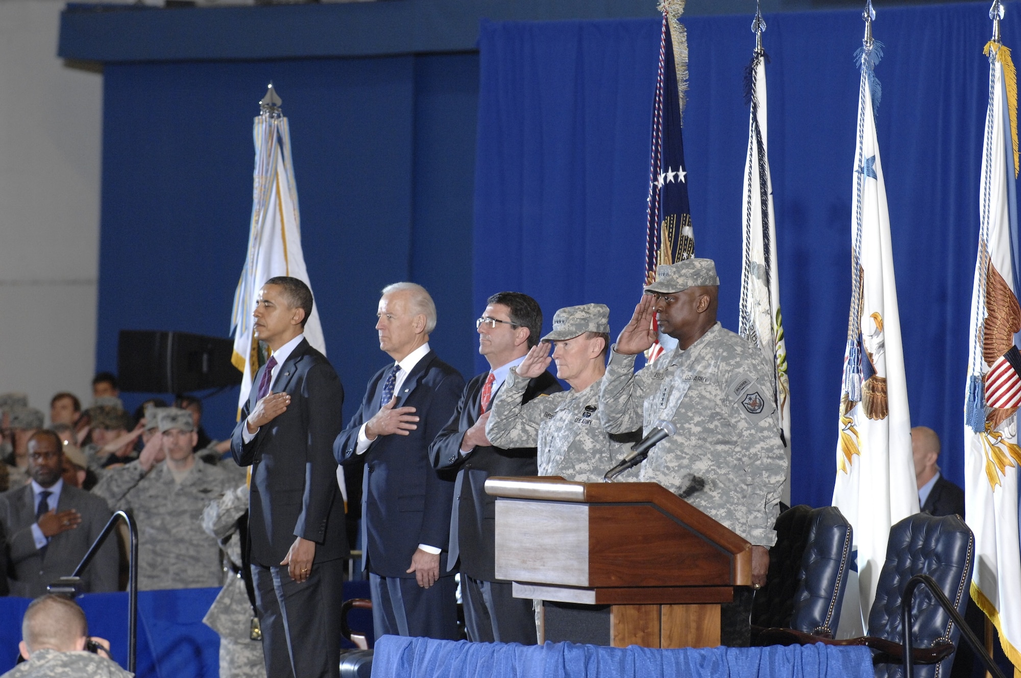 President Barack Obama, Vice President Joe Biden, Deputy Defense Secretary Ashton B. Carter, Chairman of the Joint Chiefs of Staff Army Gen. Martin E. Dempsey and Army Gen. Lloyd J. Austin III, the last commander of U.S. Forces-Iraq, joined family members of returning service members to welcome those final few troops home, Dec. 20, 2011, Joint Base Andrews, Md. (DOD photo by Army 1st Sgt. Tyrone Marshall Jr.)  
