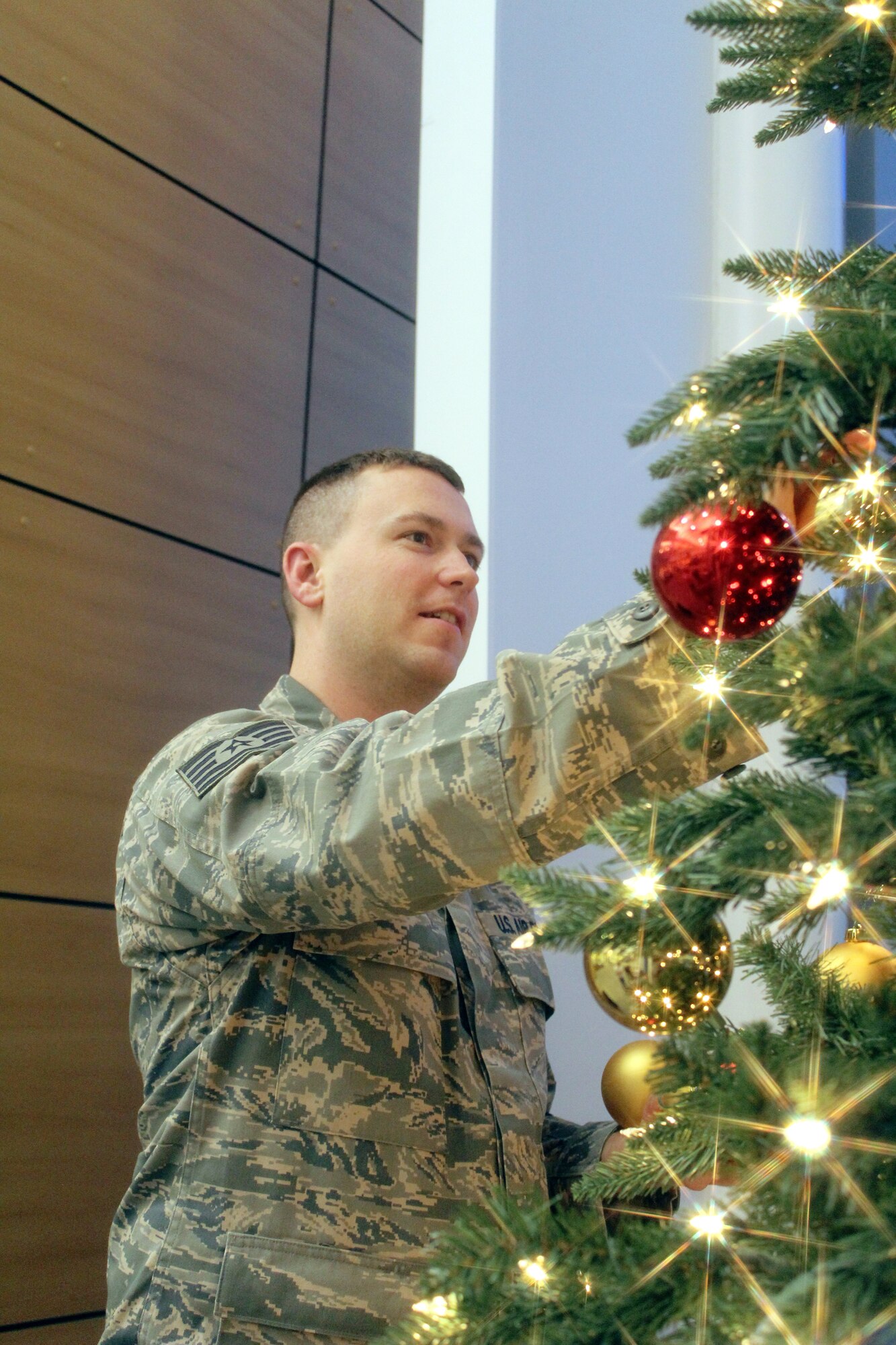 Tech. Sgt. Kevin Norris, 477th FSS, decorates a holiday tree in the foyer of the Veterans Affairs Medical Center in Anchorage, Alaska Dec. 6.  (U.S. Air Force Photo/Tech. Sgt. Dana Rosso)