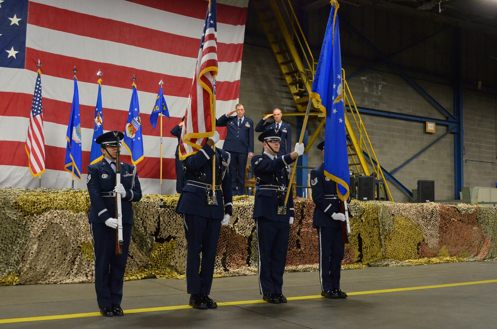 WRIGHT-PATTERSON AIR FORCE BASE, Ohio – The 445th Airlift Wing Honor Guard posts the Colors during the 445th MSG Appointment of Command ceremony Dec. 4. Lt. Col. Dale Bateman, incoming 445th MSG commander, was the 459th Mission Support Group commander at Joint Base Andrews, Md., prior to his new position here. (U.S. Air Force photo/Senior Airman Mikhail Berlin)