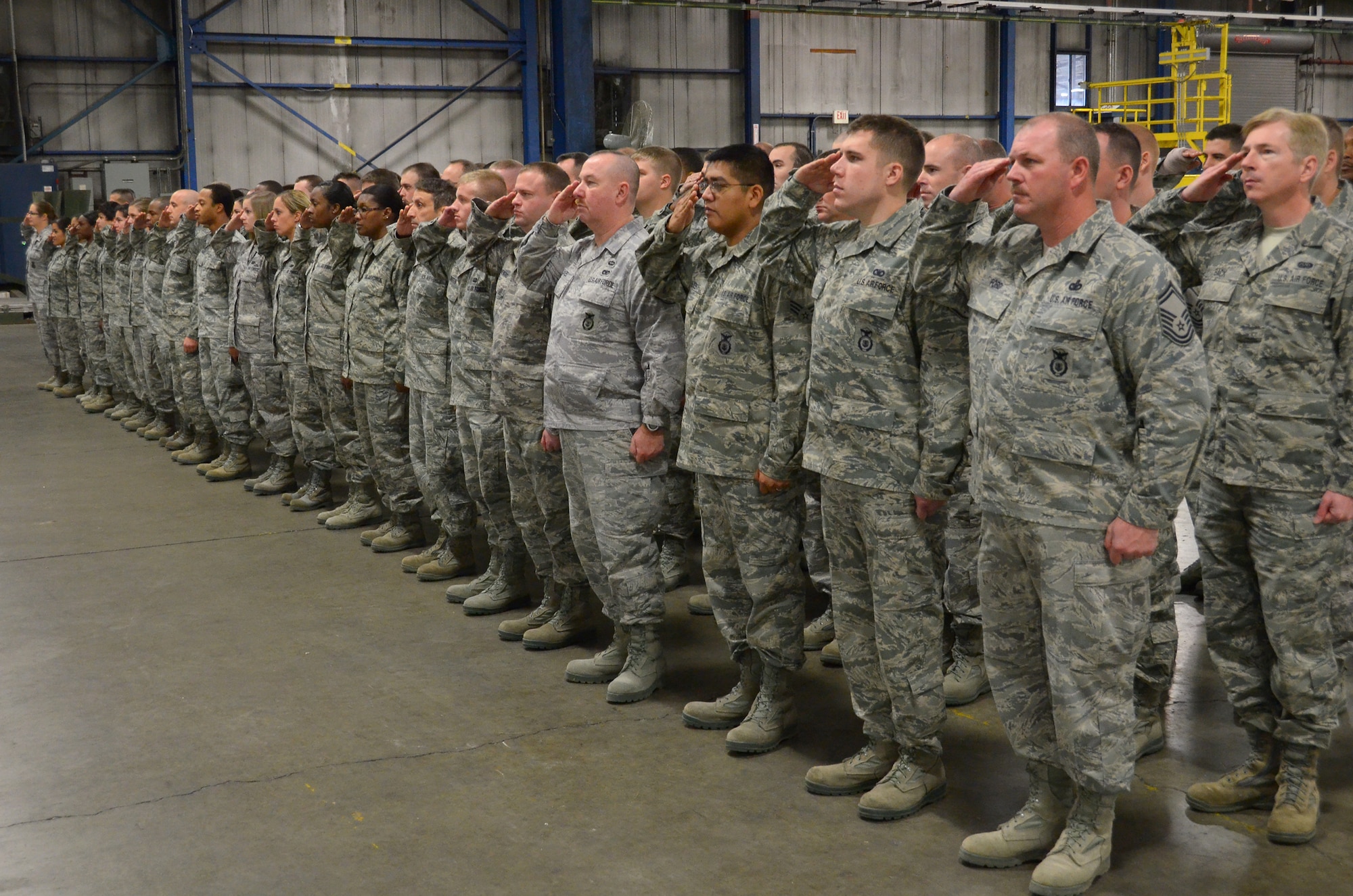 WRIGHT-PATTERSON AIR FORCE BASE, Ohio – Airmen from the 445th Mission Support Group stand at attention during the 445th MSG Appointment of Command ceremony Dec. 4. Lt. Col. Dale Bateman, incoming 445th MSG commander, was the 459th Mission Support Group commander at Joint Base Andrews, Md., prior to his new position here. (U.S. Air Force photo/Senior Airman Mikhail Berlin)
