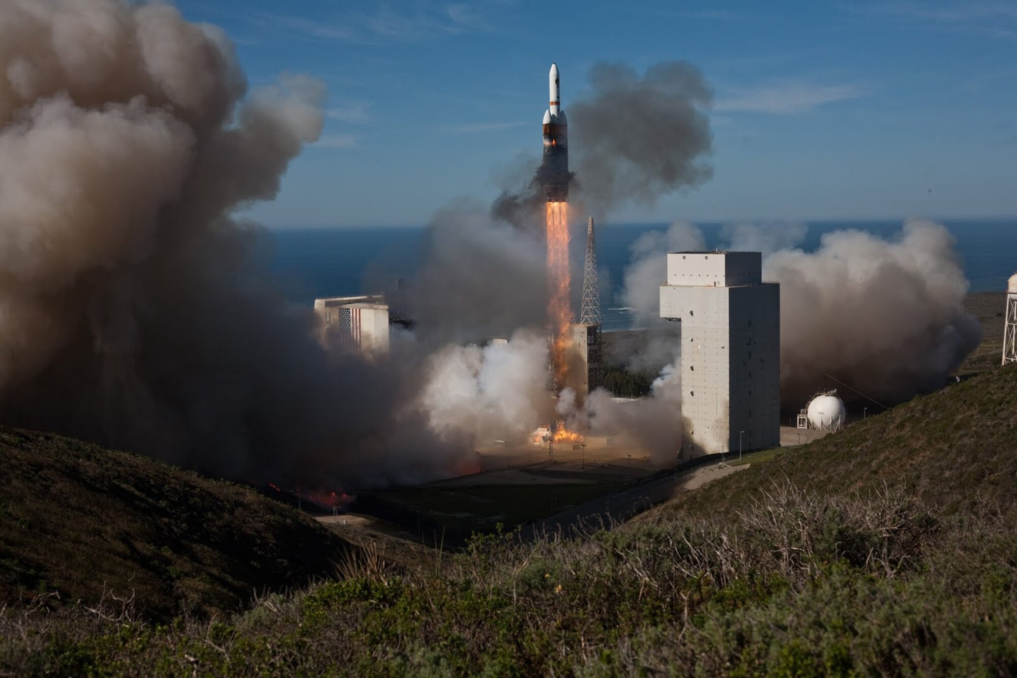 VANDENBERG AIR FORCE BASE, Calif. -- The first West Coast Delta IV Heavy Launch Vehicle was launched from Space Launch Complex-6 here Thursday, Jan. 20, 2011, at 1:10 p.m carrying a classified payload, L-49, into orbit for the U.S. National Reconnaissance Office (NRO). 