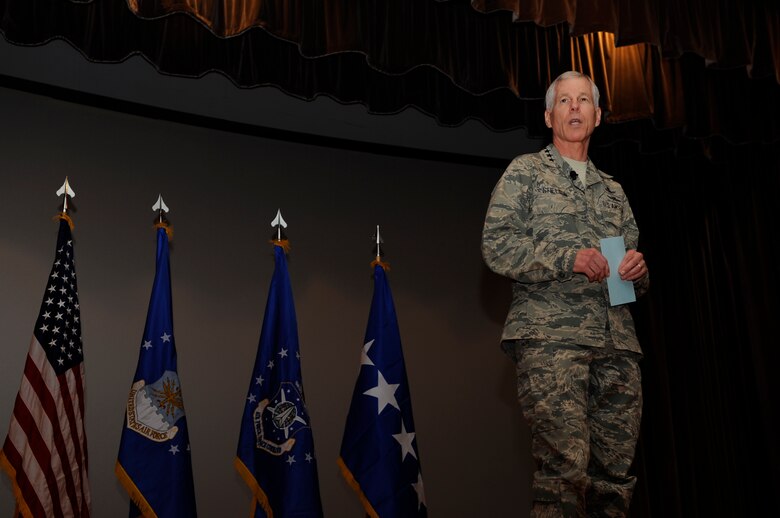 VANDENBERG AIR FORCE BASE, Calif. - Gen. William Shelton, the Air Force Space Command commander, held a commander's call at the theater here Feb. 2. The commander's call was General Shelton's first address to Vandenberg after taking command of AFPSC Jan. 5. (U.S. Air Force photo/Airman 1st Class Lael Huss)