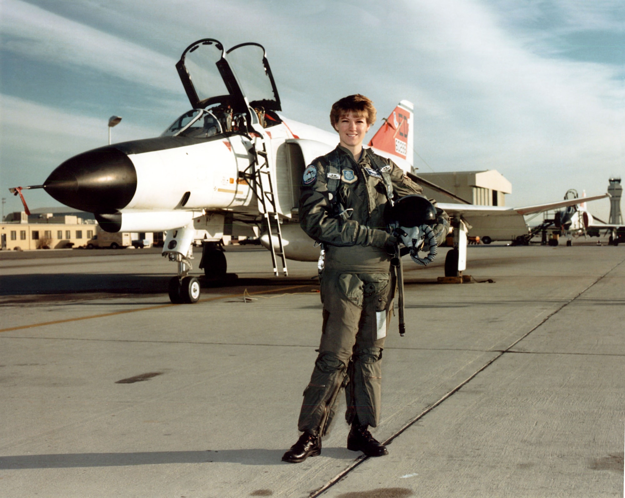 U.S. Air Force Test Pilot School student Maj. Eileen M. Collins, (Class 89B), was selected by NASA as a Space Shuttle pilot candidate on January 17, 1990.  Major Collins was the first woman to be selected for the job, and went on to both pilot, and command the Space Shuttle. (Courtesy Photo) 