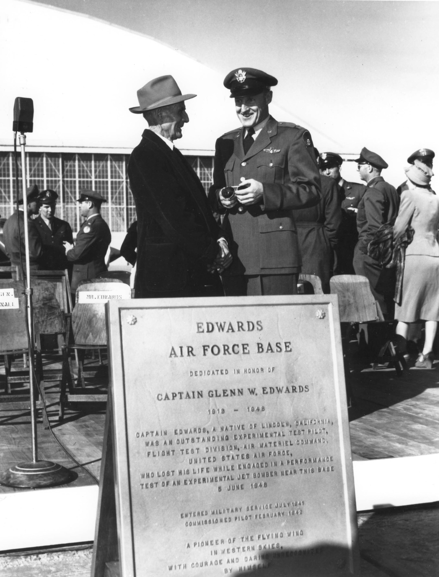 On January 27, 1950 a ceremony was held in connection with Armed Forces Day to rename the base in honor of Capt. Glen W. Edwards, a crewmember killed in the  YB-49 flying wing crash the previous year.  The plaque unveiled that day, misspelled his first name as Glenn, and was later corrected.  The base of the plaque reads “A pioneer of the Flying Wing in the western skies, with courage and daring unrecognized by himself.” (Courtesy Photo) 