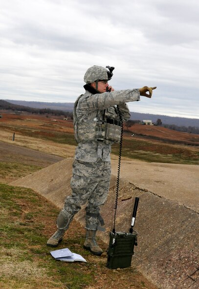 Senior Airman Daniel Clark, a Joint Terminal Attack Controller (JTAC), plots coordinates for A-10C Thunderbolt II “Warthog” air strikes during a Close-Air Support (CAS) training exercise at the 188th Fighter Wing’s Detachment 1 Razorback Range, which is located on Fort Chaffee Maneuver Training Center, Ark. Clark is a member of the 19th Air Support Operations Squadron based in Fort Campbell, Ky. The 188th’s Razorback Range is a key asset and currently is the best among all Air National Guard units nationwide in terms of proximity to the wing. Razorback Range’s proximity to Ebbing Air National Guard Base allows the 188th’s A-10s to be on the range just two minutes after takeoff, which makes the unit the most efficient A-10 unit in the ANG in terms of training costs. (U.S. Air Force photo by Capt. Heath Allen/188th Fighter Wing Public Affairs)
