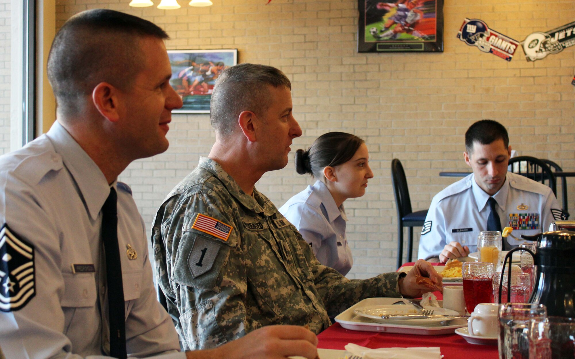 Army Command Sgt. Maj. Robert Winzenried hosts a breakfast with some of the Continental U.S. North American Aerospace Defense Command Region-1st Air Force (AFNORTH)’s enlisted award winners at Tyndall Air Force Base, Fla., Dec. 19. This was Winzenried’s first visit to Tyndall since he took over as the top enlisted leader at NORAD and U.S. Northern Command Sept. 15. In addition to hosting the breakfast during his visit, he also held an enlisted call and toured the command, meeting with enlisted members at each stop. (U.S. Air Force photo by Angela Pope)