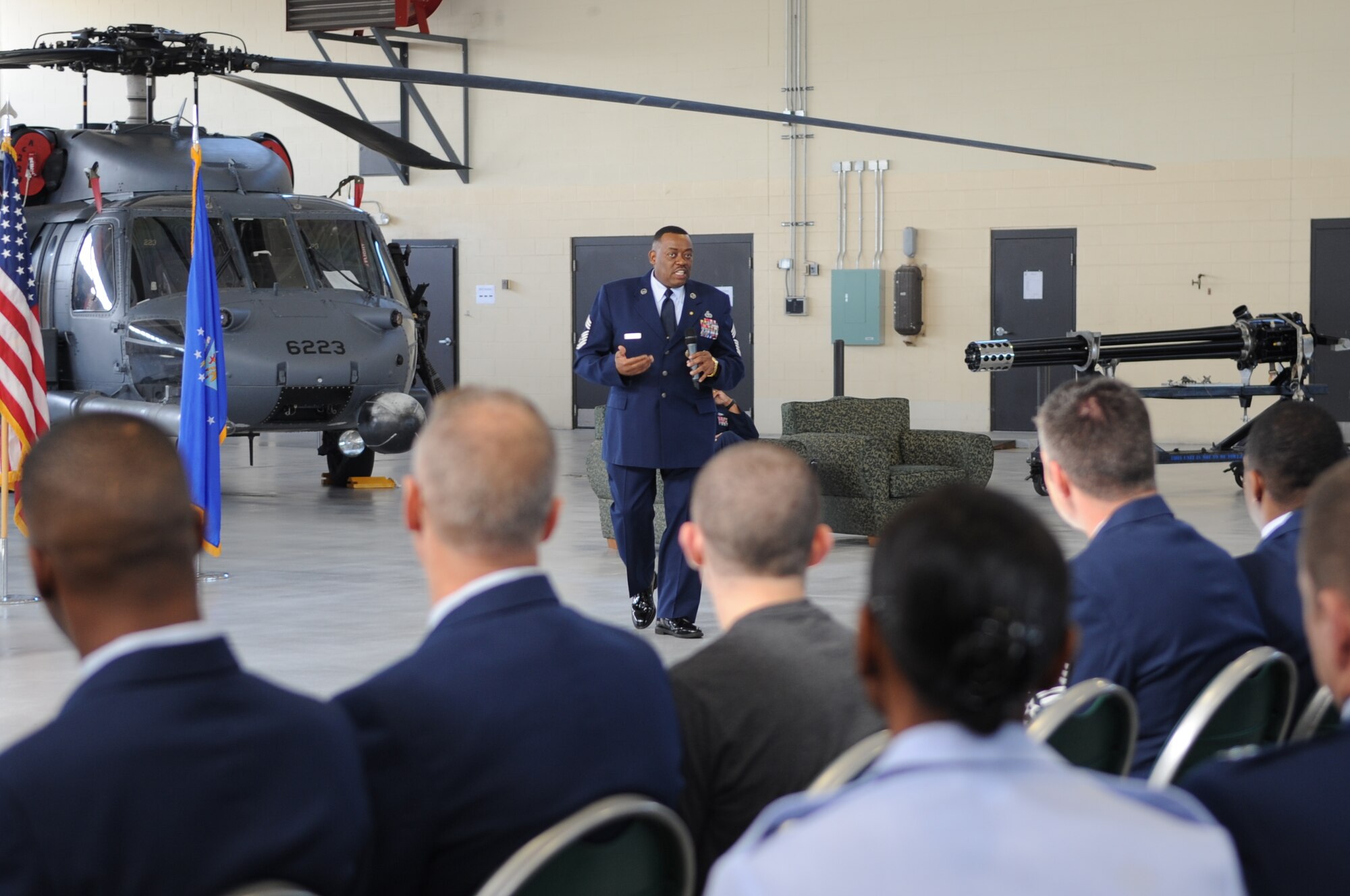 U.S. Air Force Chief Master Sgt. Kenneth Lilly, 23rd Wing weapons manager, gives closing remarks during his retirement ceremony held at Moody Air Force Base, Ga., Dec. 19, 2011. Lilly dedicated his life to helping others achieve their goals by telling them what they need to hear instead of what they want to hear. (U.S. Air Force photo by Airman 1st Class Olivia Dominique/Released)