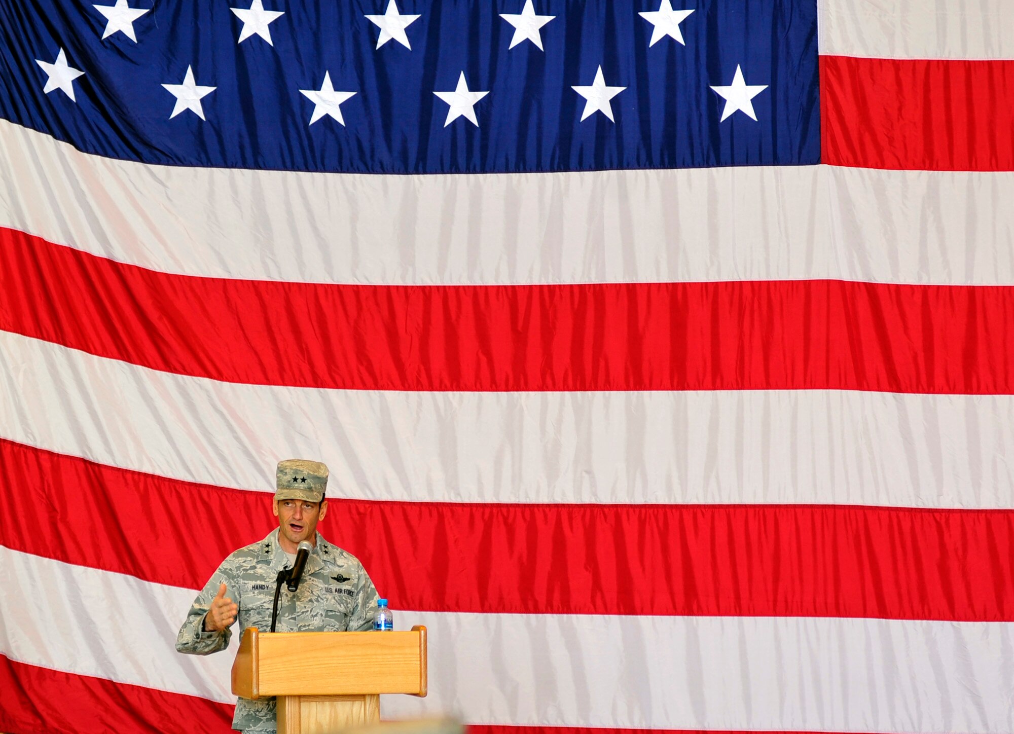 Maj. Gen. Russ Handy, commander, 9th Air and Space Expeditionary Task Force-Iraq, talks to Airmen during the inactivation ceremony of 9th AETF-I, 321st Air Expeditionary Wing, 467th Air Expeditionary Group,  and the 368th Expeditionary Air Support Operations Group,at an undisclosed location in Southwest Asia, Dec. 18, 2011.  The ceremony took place hours after the last remaining U.S.military forces drove across the Iraqi border per the Iraq and U.S. 2008 Security Agreement that required all U.S. service members to be out of the country by  Dec. 31 . Since 2003, more than 1 million Airmen, Soldiers, Sailors and Marines have served in Iraq. (U.S. Air Force photo/Master Sgt. Cecilio Ricardo)
