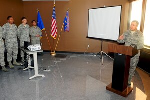 LANGLEY AIR FORCE BASE, Va. — Col. Patrick Shortsleeve, 497th Intelligence, Surveillance, and Reconnaissance Group commander, speaks about the contributions of the intelligence community to the war in Iraq during an end of operations in Iraq ceremony here Dec. 19, 2011. The observance highlighted the team's efforts and dedication and reflected on the passing years of servicemembers' commitment to Operation New Dawn. (U.S. Air Force photo by Staff Sgt. Ashley Hawkins)