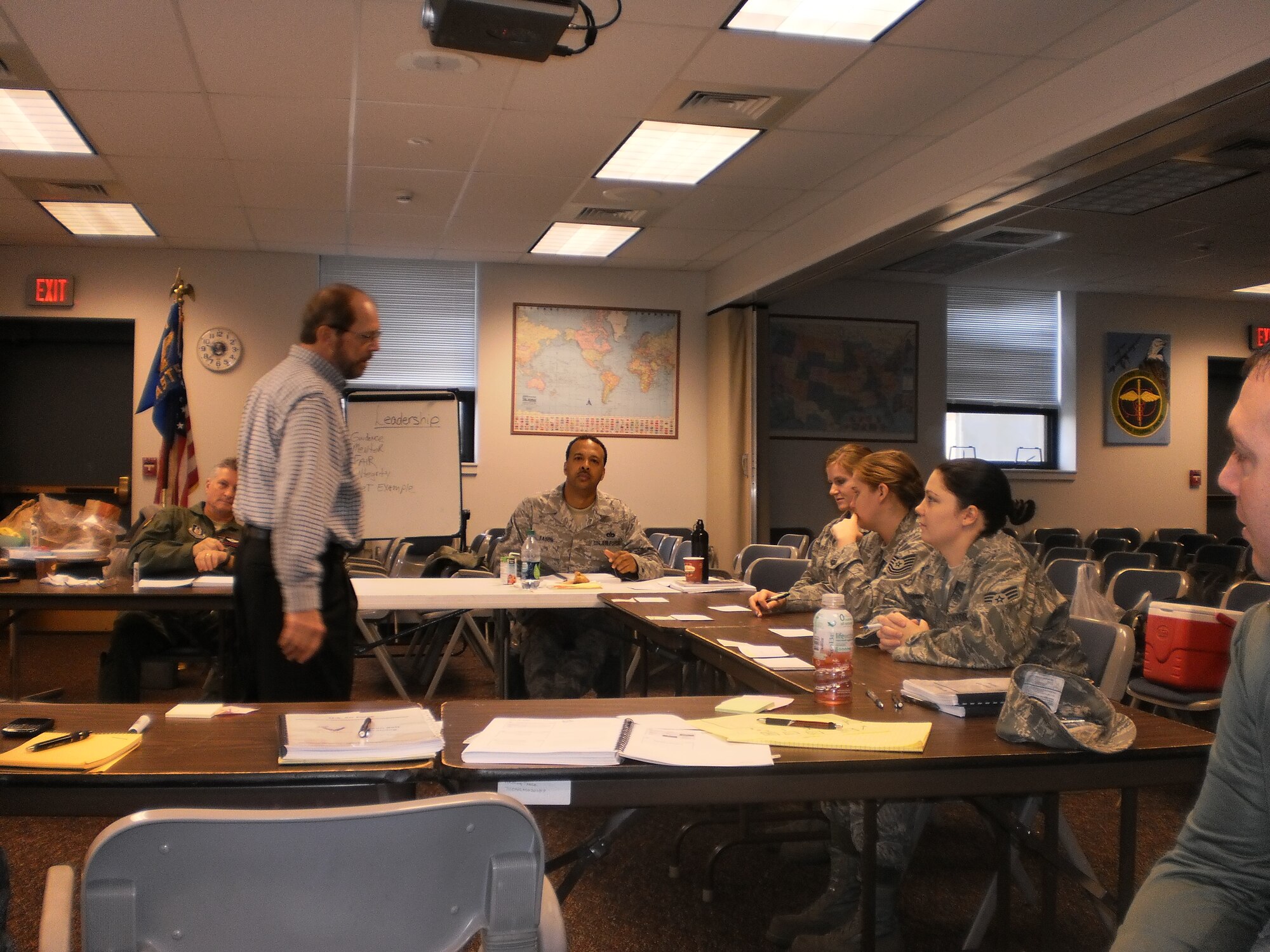 AFRC AFSO 21 Mentor Dr. Doug Ferguson gives guidence to 914th Airmen as they conduct  their initial AFSO 21 Green Belt Training, here at the Niagara Falls Air Reserve Station. This training gives the Airmen generic tools and guidelines that can translate across the spectrum of career fields