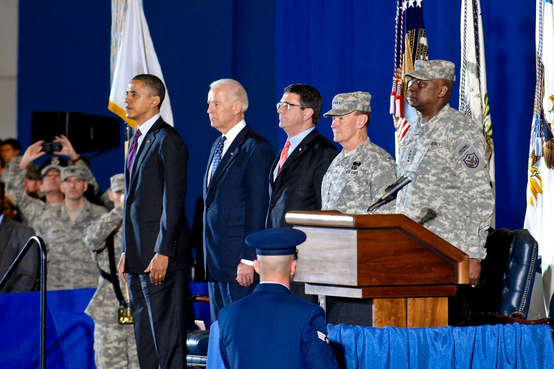 From left, President Barack Obama, Vice President Joe Biden, Deputy Defense Secretary Ashton B. Carter, Army Gen. Martin E. Dempsey, chairman of the Joint Chiefs of Staff, and Army Gen. Lloyd J. Austin III, the last commander of U.S. Forces Iraq, attend a ceremony to retire colors from the U.S. Iraq mission on Joint Base Andrews, Md., Dec. 20, 2011.