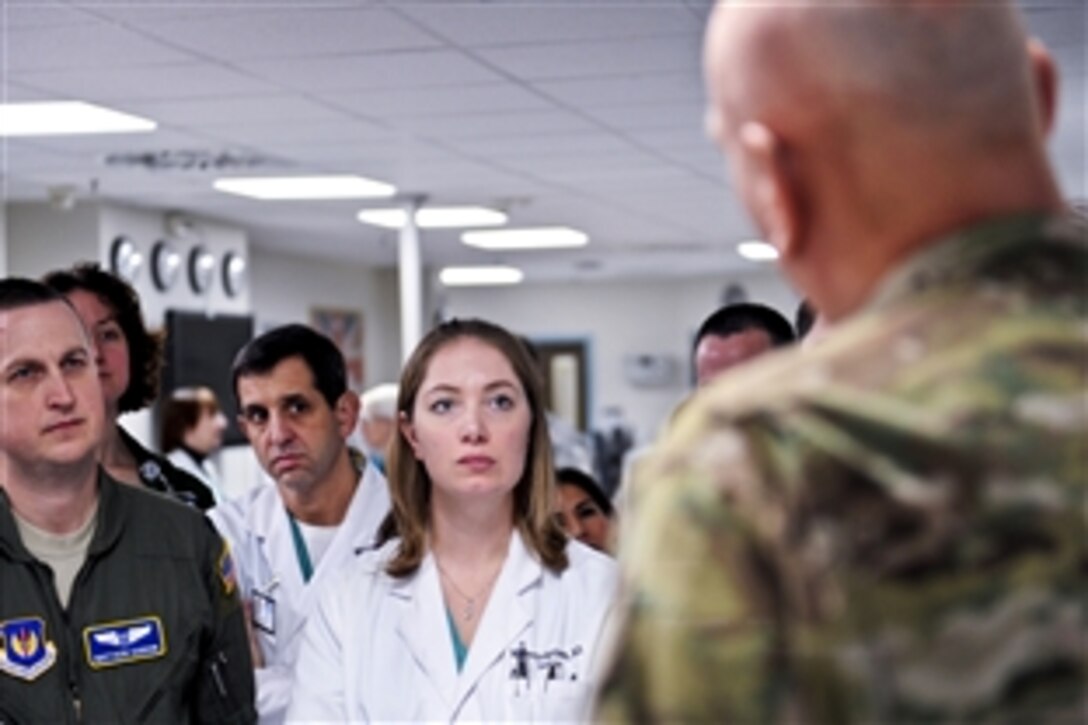 Medical staff listen to U.S. Army Chief of Staff Gen. Raymond T. Odierno during a visit to Landstuhl Regional Medical Center in Landstuhl, Germany, Dec. 19, 2011.