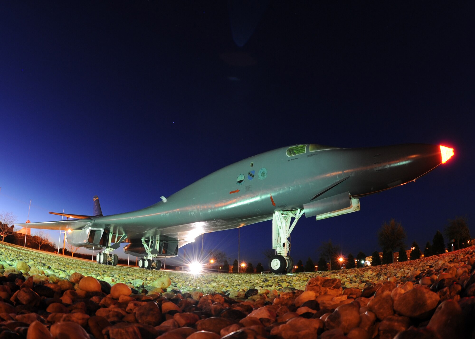 The static B-1 Bomber at the front gate is all lit up with a Rudolph nose on Dec. 20, 2011 at Dyess Air Force Base, Texas.