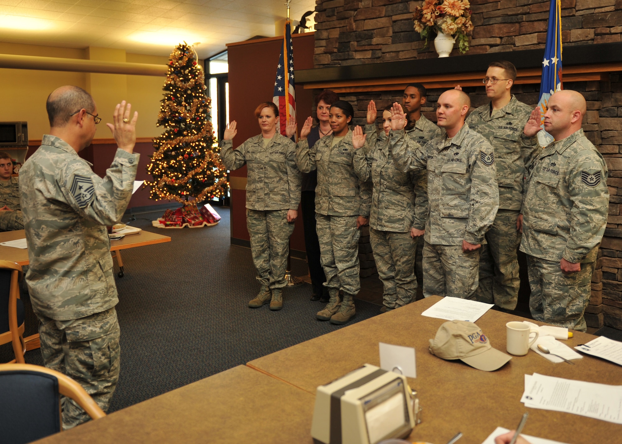 Members of the Air Force Sergeants Association (AFSA) Chapter 1462 take the executive council oath of office at Fairchild Air Force Base, Wash., Dec. 7. AFSA is a federally chartered non-profit organization representing the professional and personal interests of over 120,000 active duty, retired and veteran "Total Air Force" Enlisted Corp and their families. (U.S. Air Force photo / Airman 1st Class Tyirez Frost)