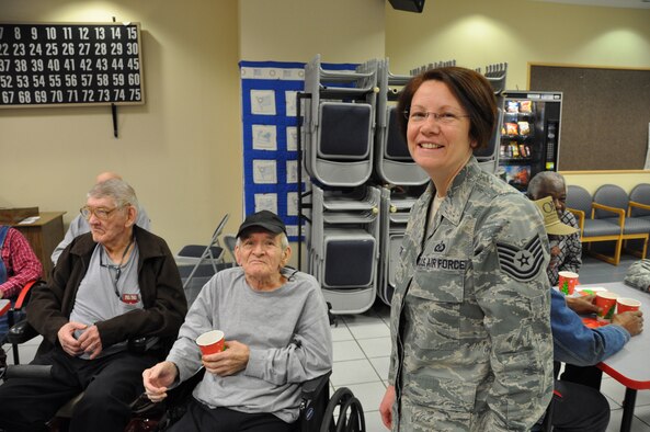 Technical Regina Rector, 507th Air Refueling Wing Ground Safety NCO, has been recognized by the Air Force Reserve Command as the AFRC Ground Safety NCO of the Year.  Shown here Sergeant Rector is visiting with veterans at the Norman, Oklahoma Veteran's Center during a recent community event. 