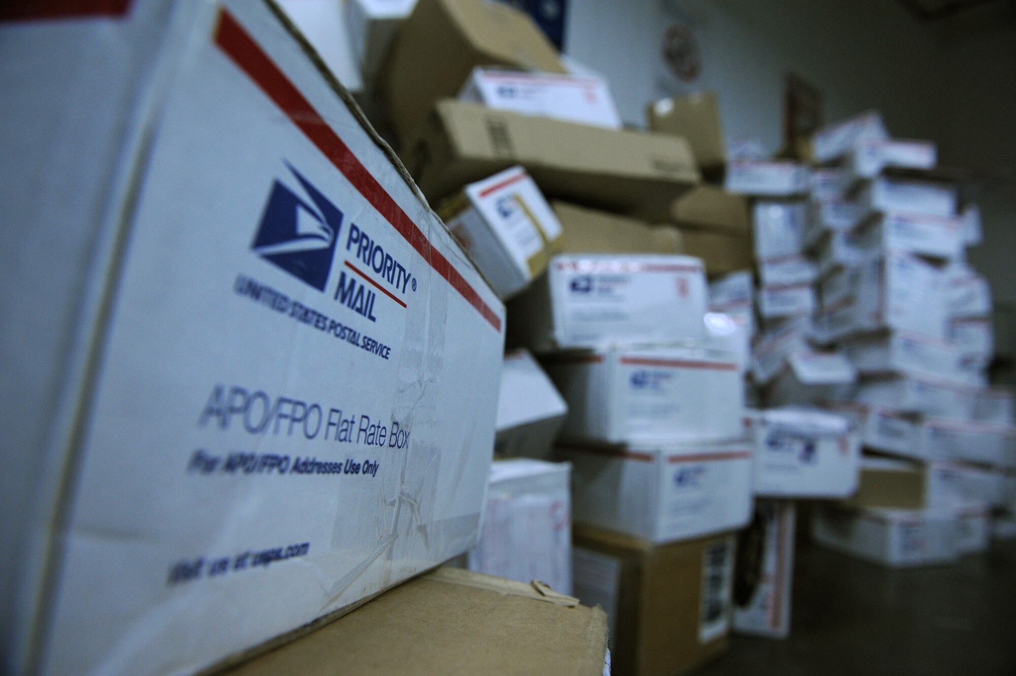 SOUTHWEST ASIA – Packages wait to be picked up here Dec. 21, 2011. Dec. 19-20 are typically the busiest processing days for mail centers across the United States, and the MCA here processed more mail in these two days than they do in an average work week. (U.S. Air Force photo/Staff Sgt. Nathanael Callon)
