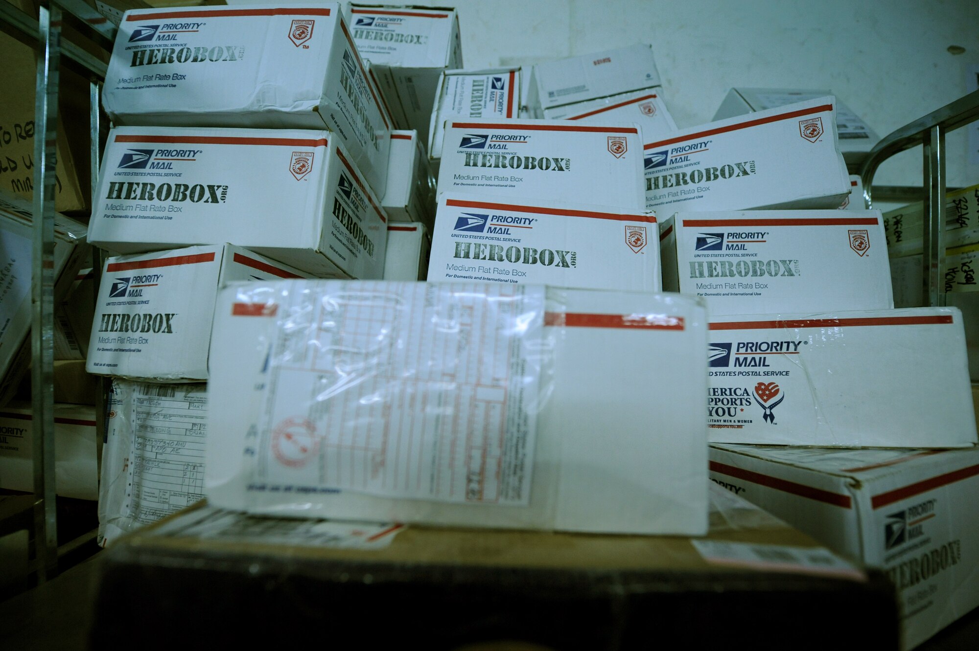 SOUTHWEST ASIA – Packages wait to be picked up here Dec. 21, 2011. Dec. 19-20 are typically the busiest processing days for mail centers across the United States, and the MCA here processed more mail in these two days than they do in an average work week. (U.S. Air Force photo/Staff Sgt. Nathanael Callon)