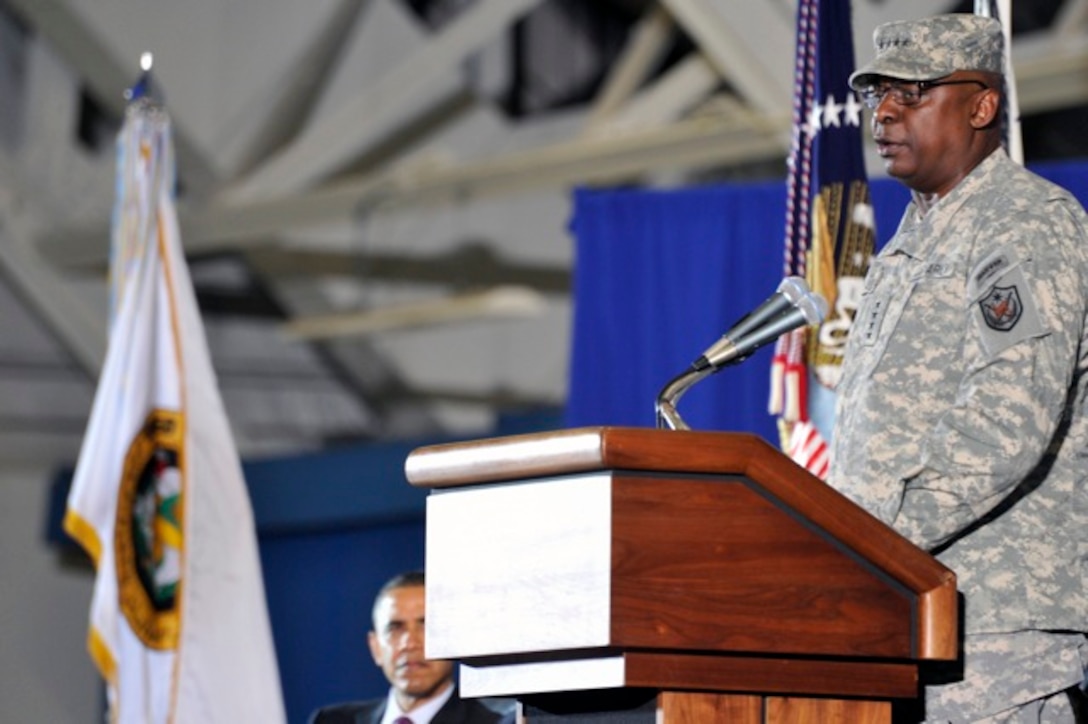 Gen. Lloyd J. Austin, III formor United States Forces- Iraq commander speaks during the return of the USF-I colors ceremony, Dec 20, 2011 at Joint Base Andrews, Md. The ceremony marks the end of the 2nd longest war in U.S. History. (U.S. Air Force Photo/ Senior Airman Perry Aston) 