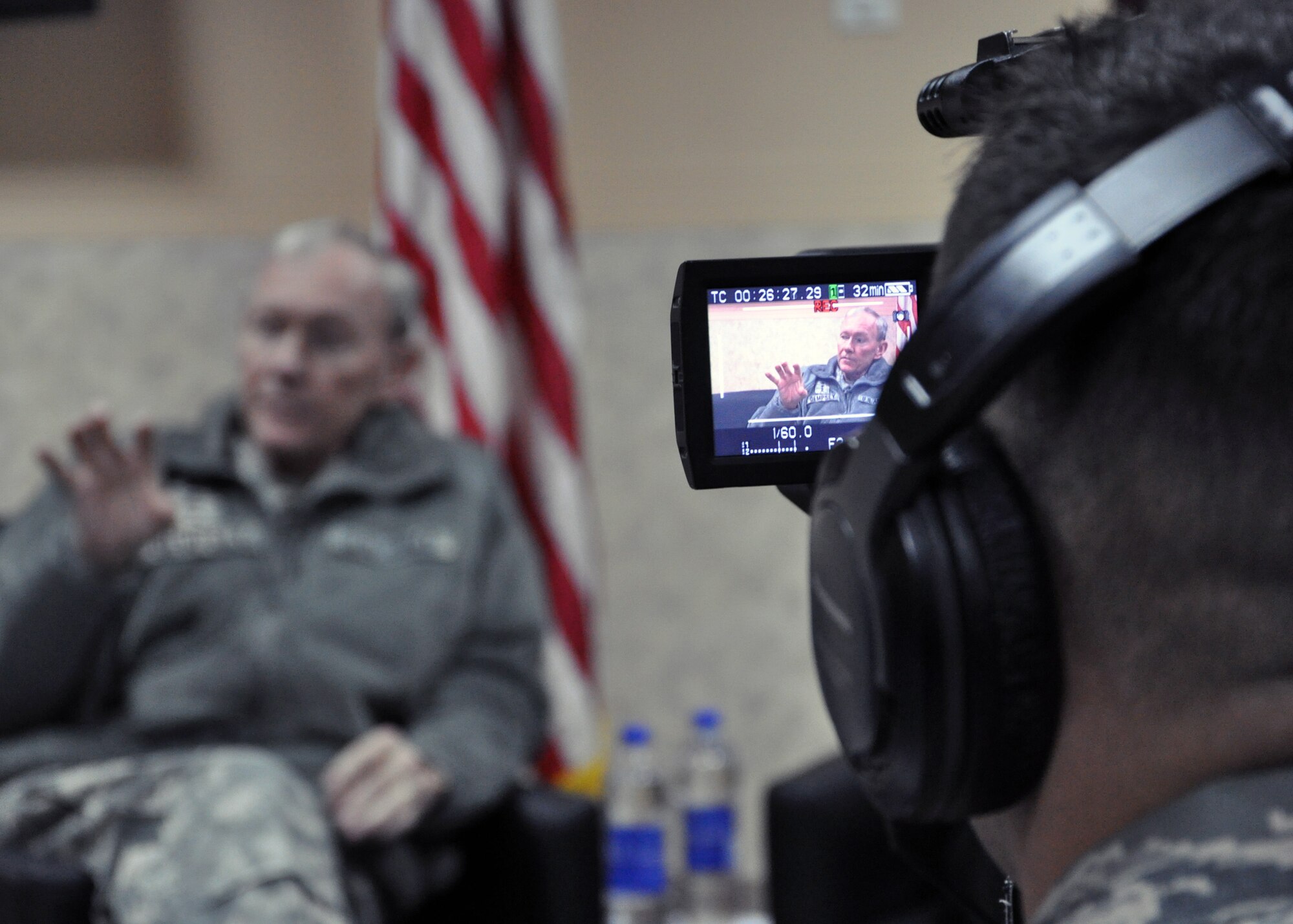 Army Gen. Martin Dempsey, Chairman of the Joint Chiefs of Staff, conducts an interview where he discussed his views on the final drawdown from the Iraqi theater.  “I unequivocally describe what we’ve done in Iraq over the last eight years as a success,” the chairman said.  “[This is] evidenced by our effort to unseat a regime that was tyrannical and disruptive to the region; to restore a sense of governance and representative government; and to build security forces that – when the time came – could account for their own stability.  That is my definition of success.” (U.S. Air Force photo/Tech. Sgt. Stacy Fowler)