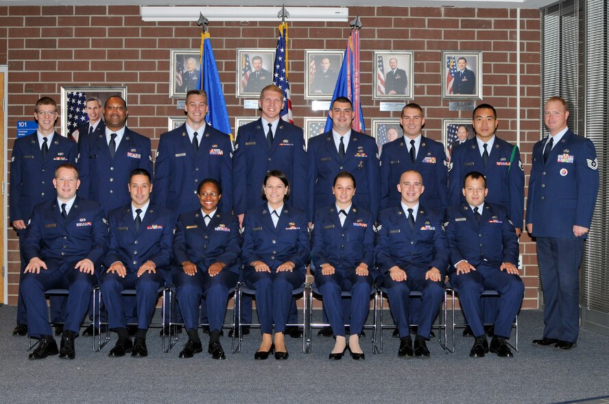 McGHEE TYSON AIR NATIONAL GUARD BASE, Tenn. - Airman Leadership School Class 11-8, B-Flight, gathers at The I.G. Brown Air National Guard Training and Education Center here, Oct. 17, 2011.  (U.S. Air Force photo by Master Sgt. Kurt Skoglund/Released)